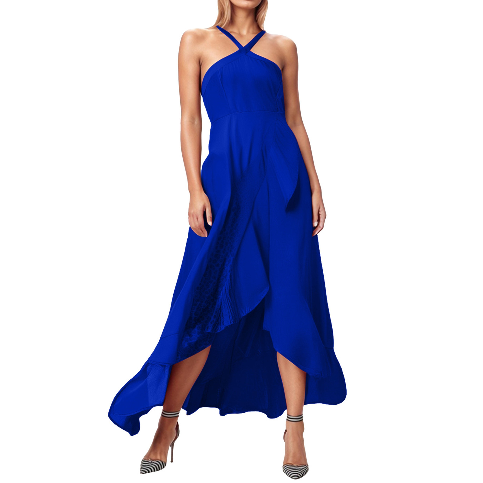 thumbnail image 1 of Vestido de fiesta de verano fluido para mujer con tirantes con volantes: elegante color liso, tejido ligero, cómodo para ocasiones especiales., 1 of 5